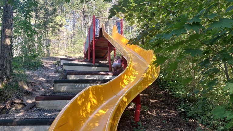 Kind an einer kurvigen Rutsche im Wald als Symbol für den Familienalltag mit drei Kindern